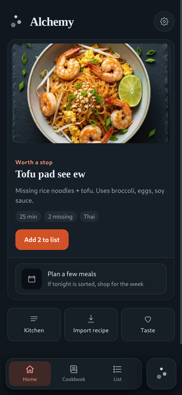 Smart recipe suggestions home screen