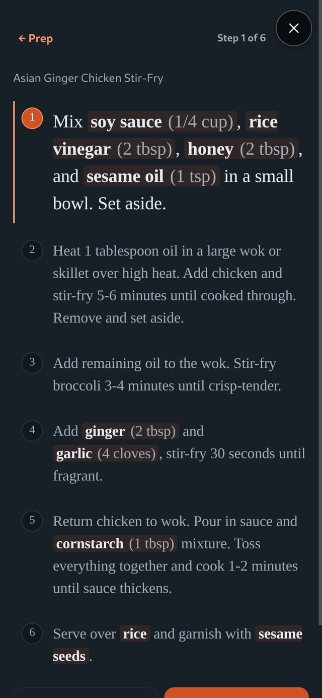 Step-by-step cooking mode